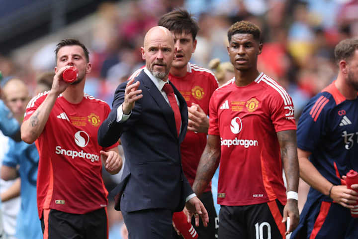 Erik ten Hag, Marcus Rashford, Mason Mount, Harry Maguire