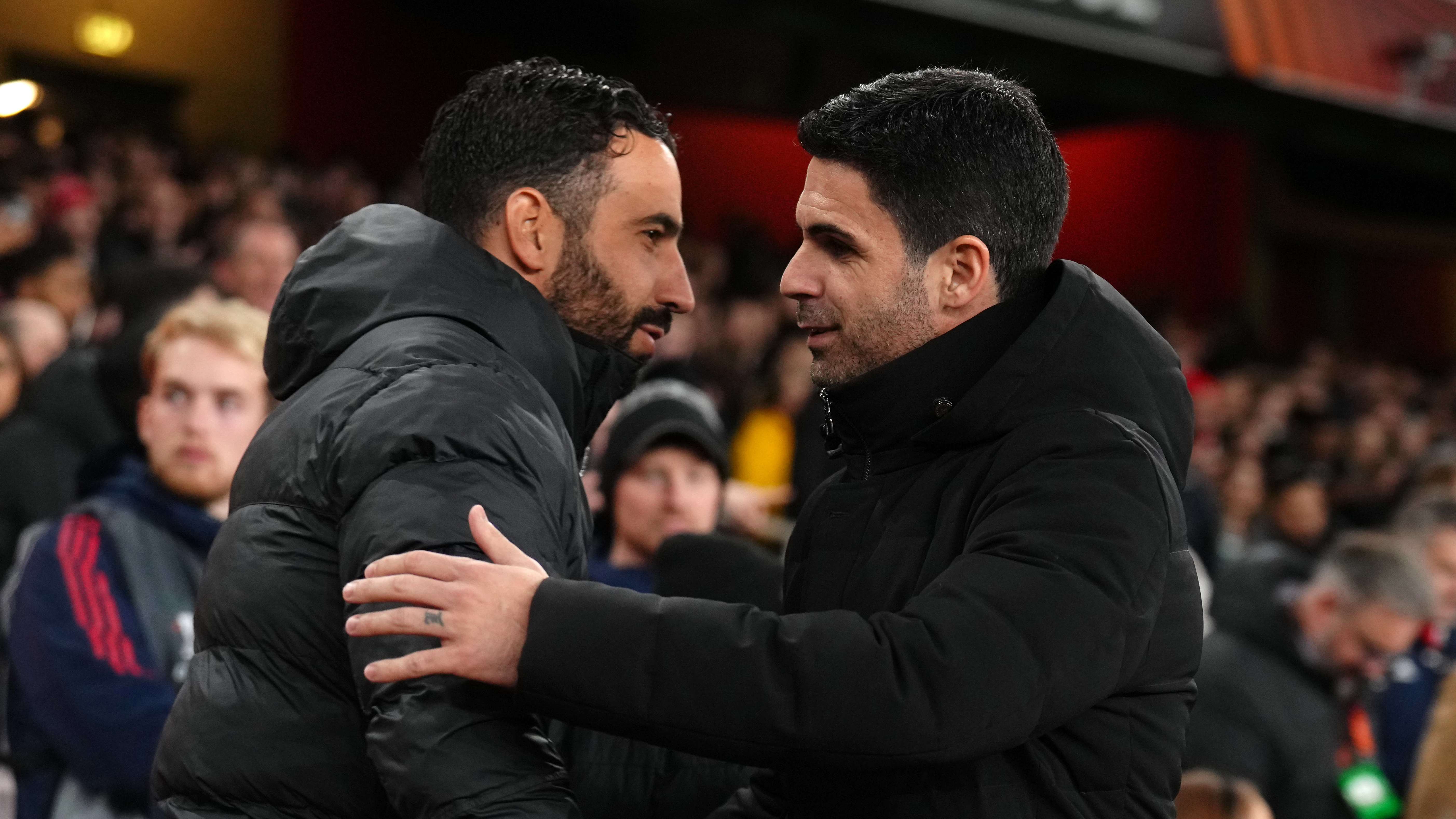 Ruben Amorim is greeted by Arsenal manager Mikel Arteta