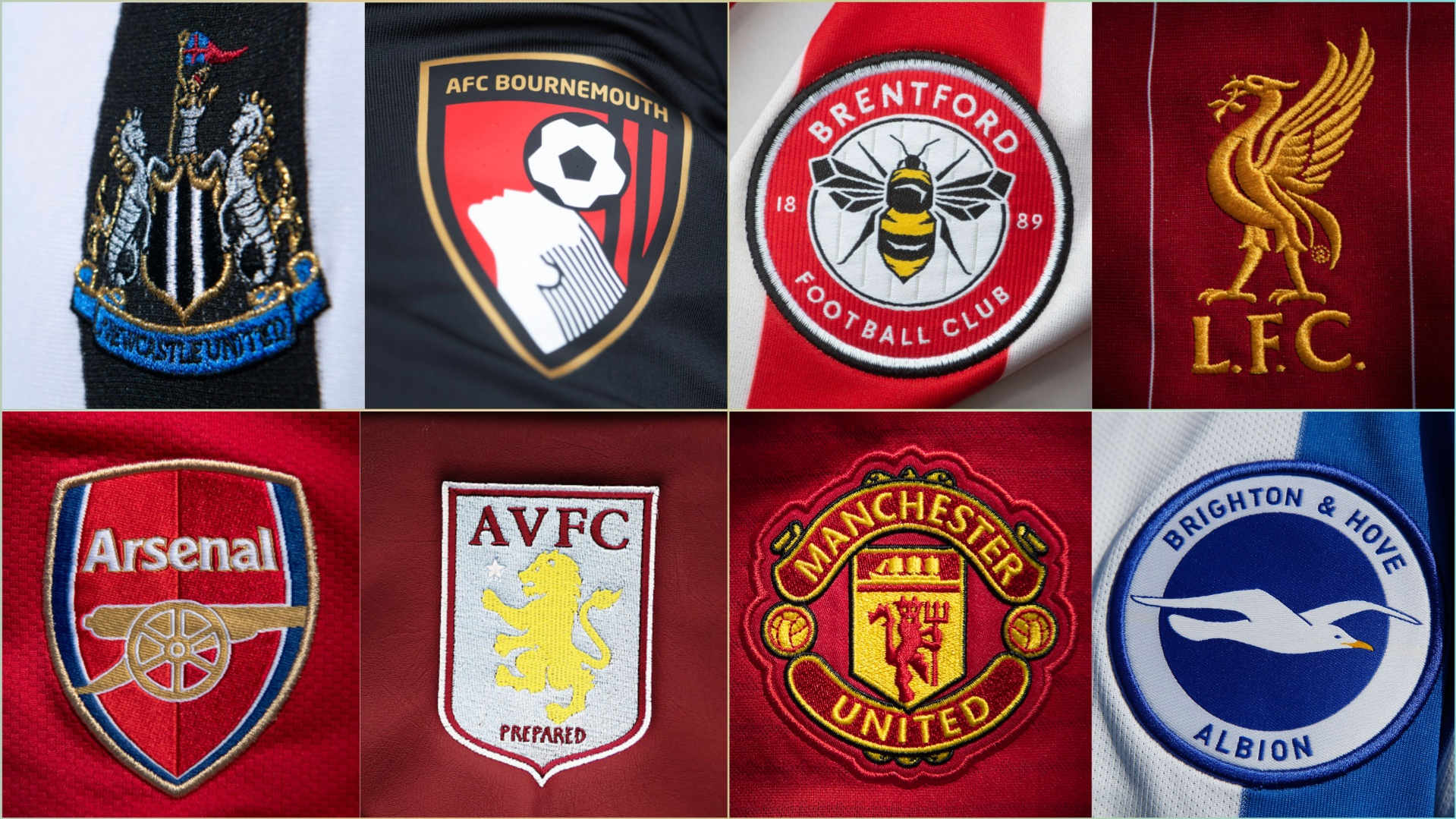 The badges of Newcastle, Bournemouth, Brentford, Liverpool, Arsenal, Aston Villa, Manchester United and Brighton