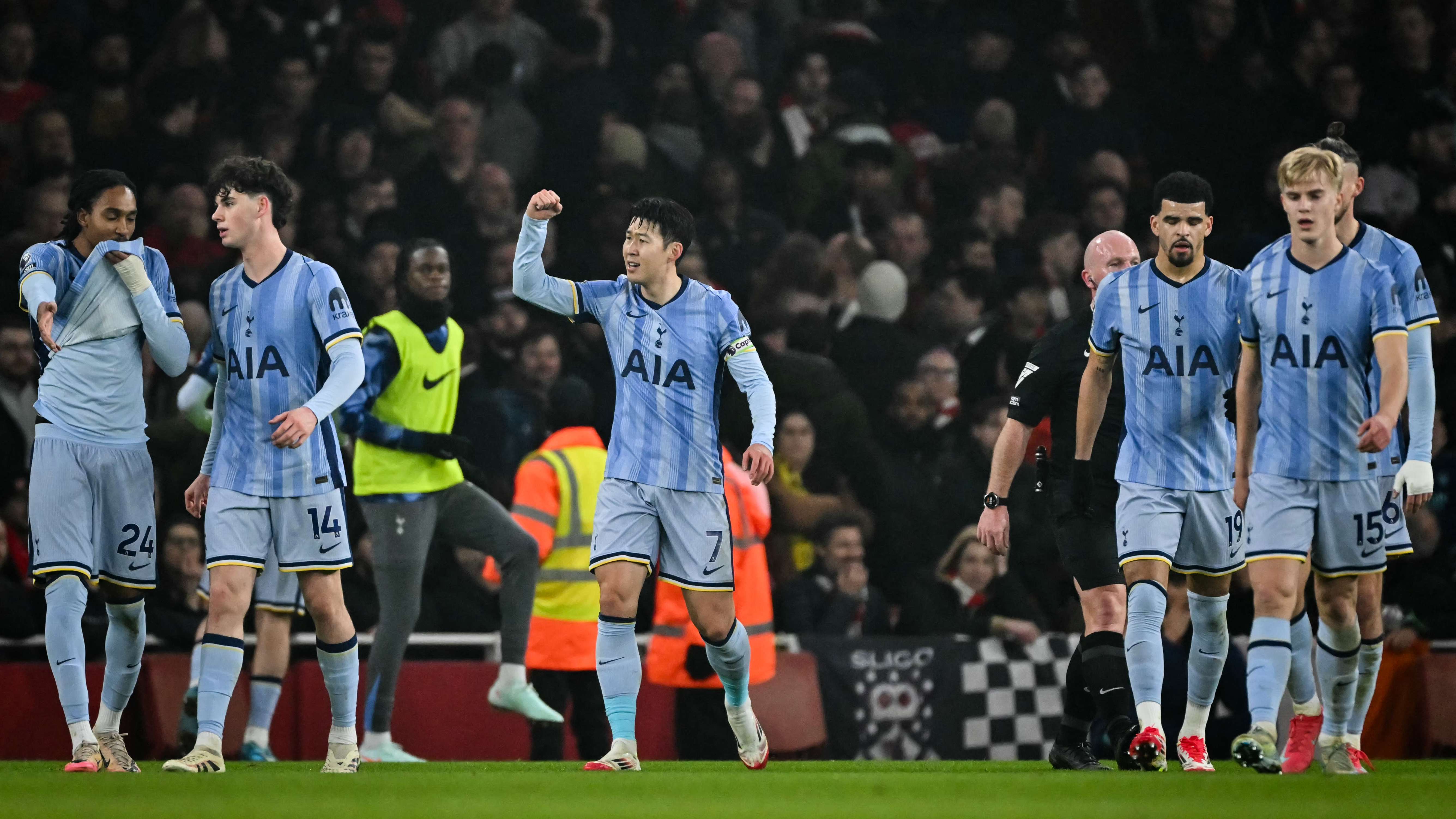 Tottenham celebrate Son Heung-min's goal in the North London Derby