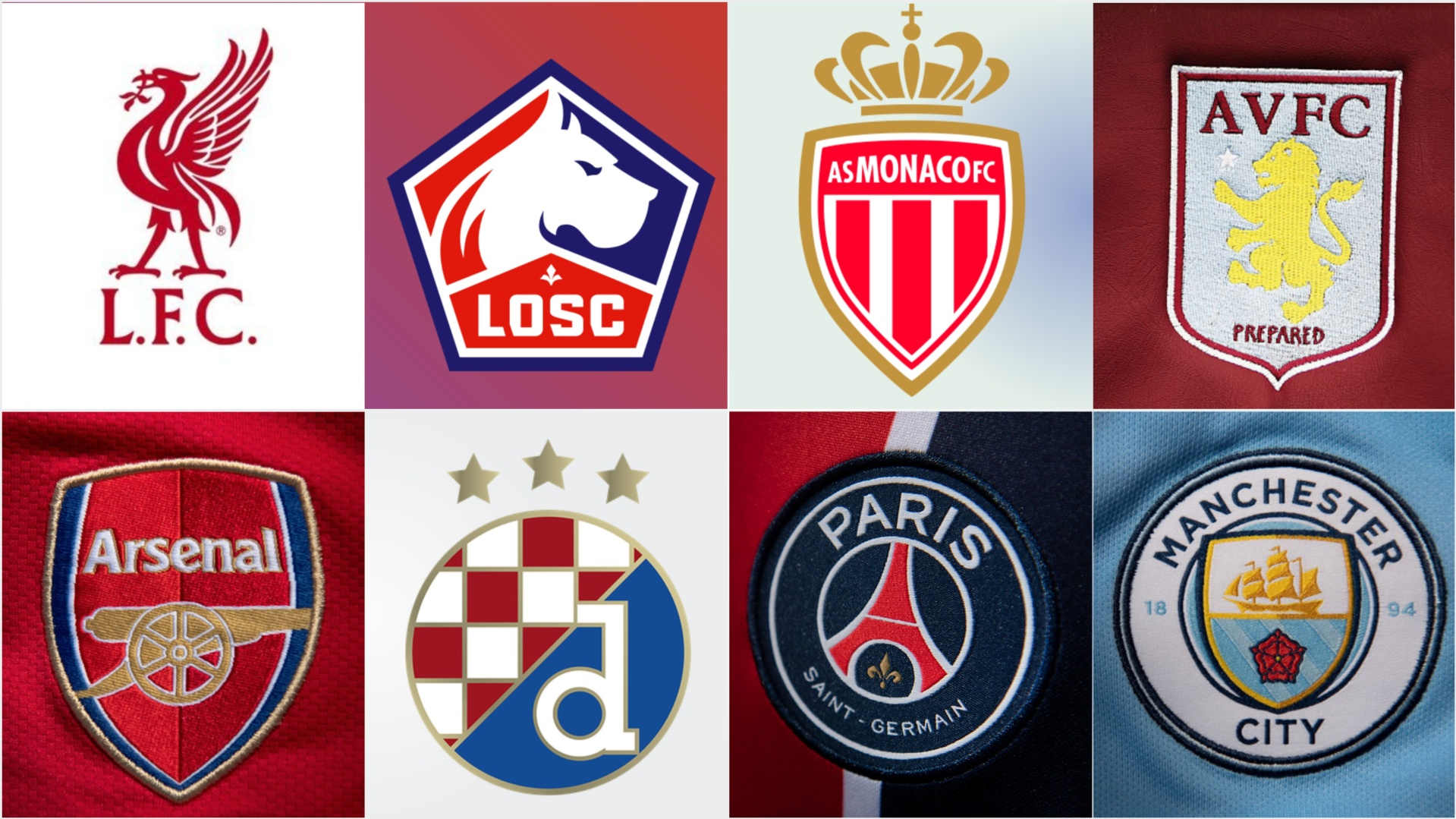 The badges of Liverpool, Lille, AS Monaco, Aston Villa, Arsenal, Dinamo Zagreb, PSG and Manchester City