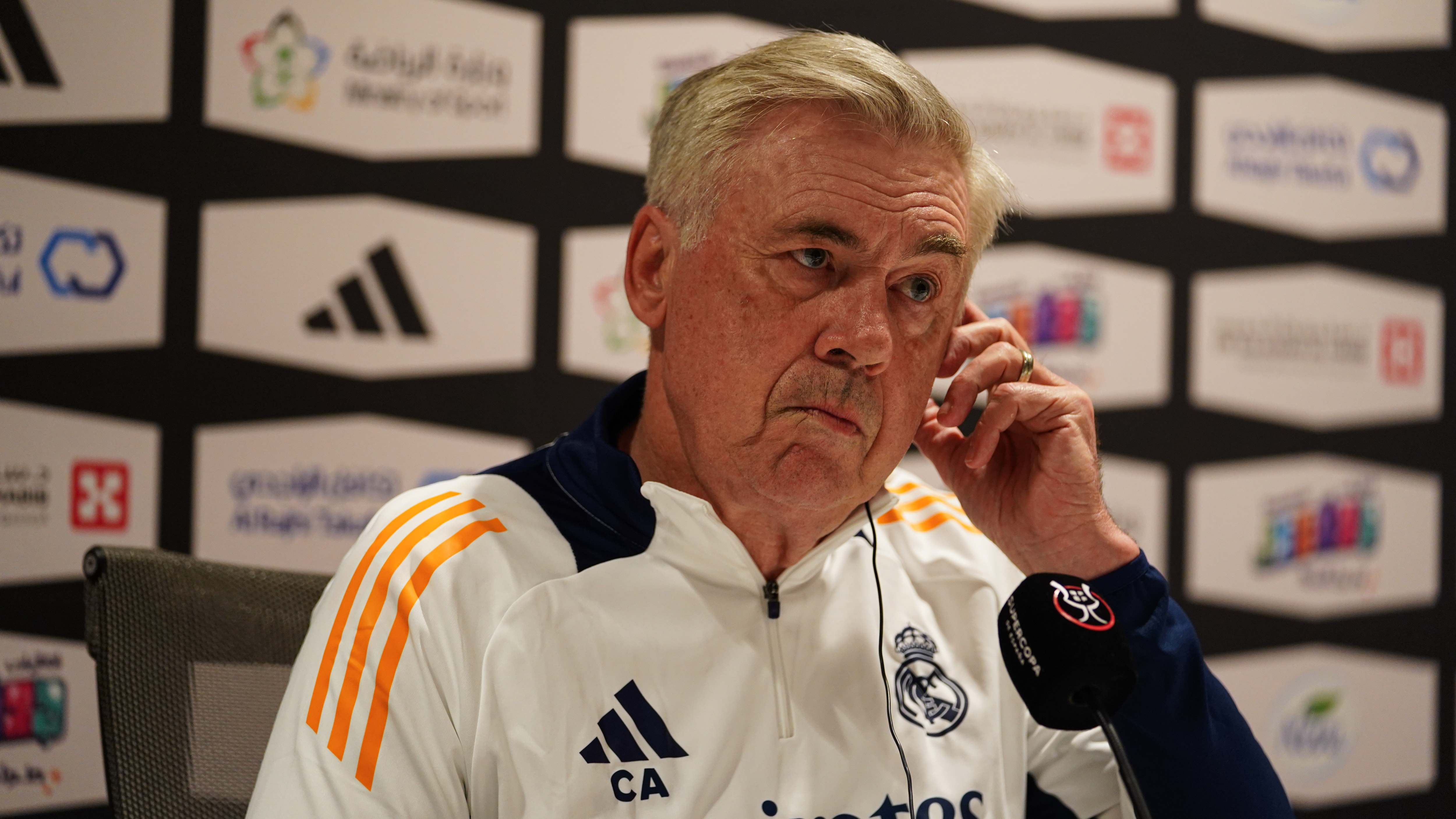 Real Madrid coach Carlo Ancelotti is seen during a press...