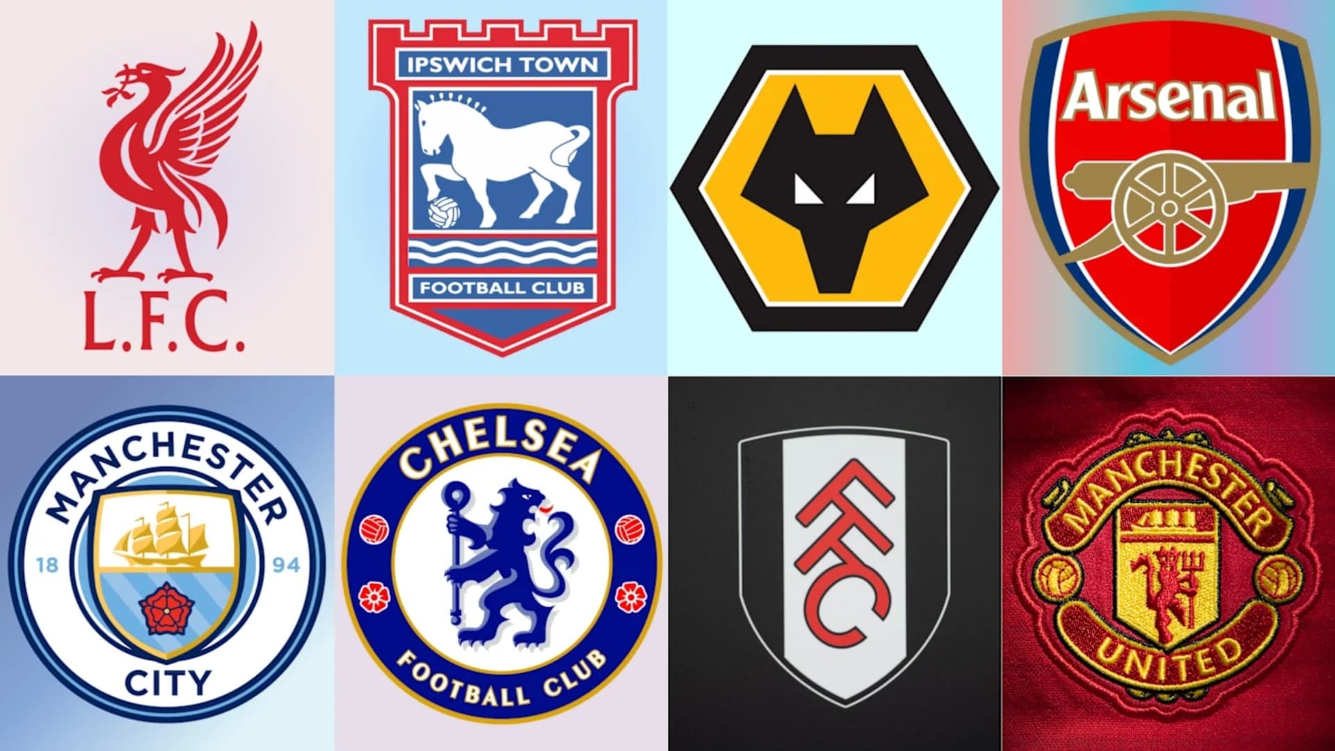 The badges of Liverpool, Ipswich, Wolves, Arsenal, Manchester City, Chelsea, Fulham and Manchester United