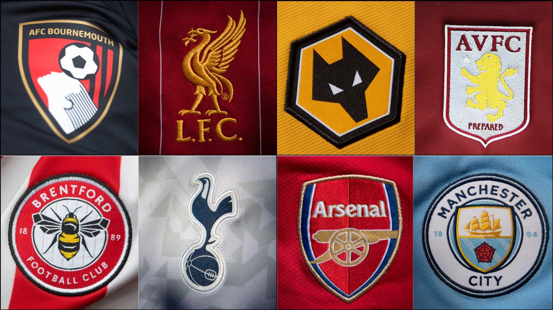 The badges of Bournemouth, Liverpool, Wolves, Aston Villa, Brentford, Tottenham, Arsenal and Manchester Cit