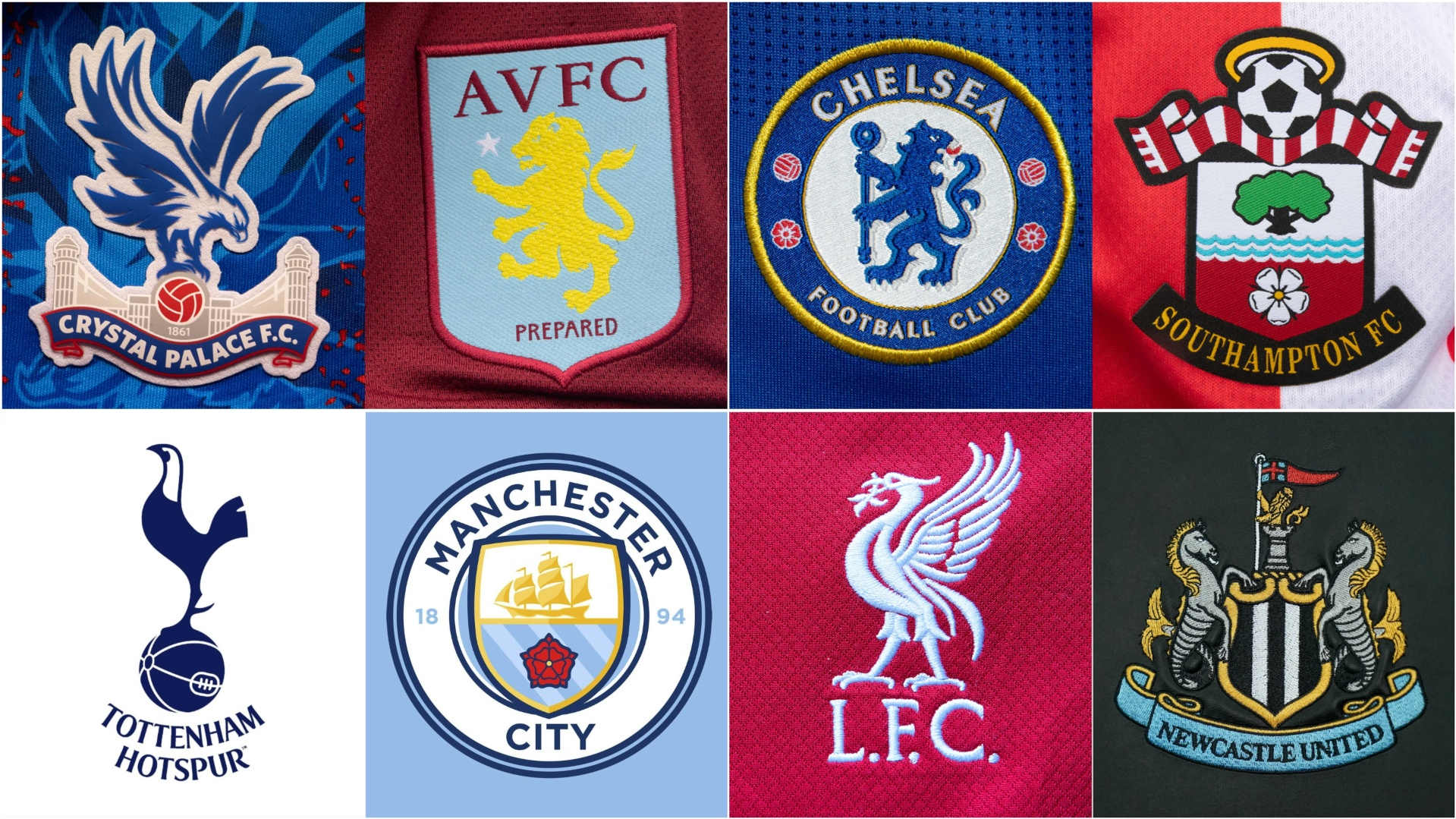 The badges of Crystal Palace, Aston Villa, Chelsea, Southampton, Tottenham Hotspur, Man City, Liverpool & Newcastle