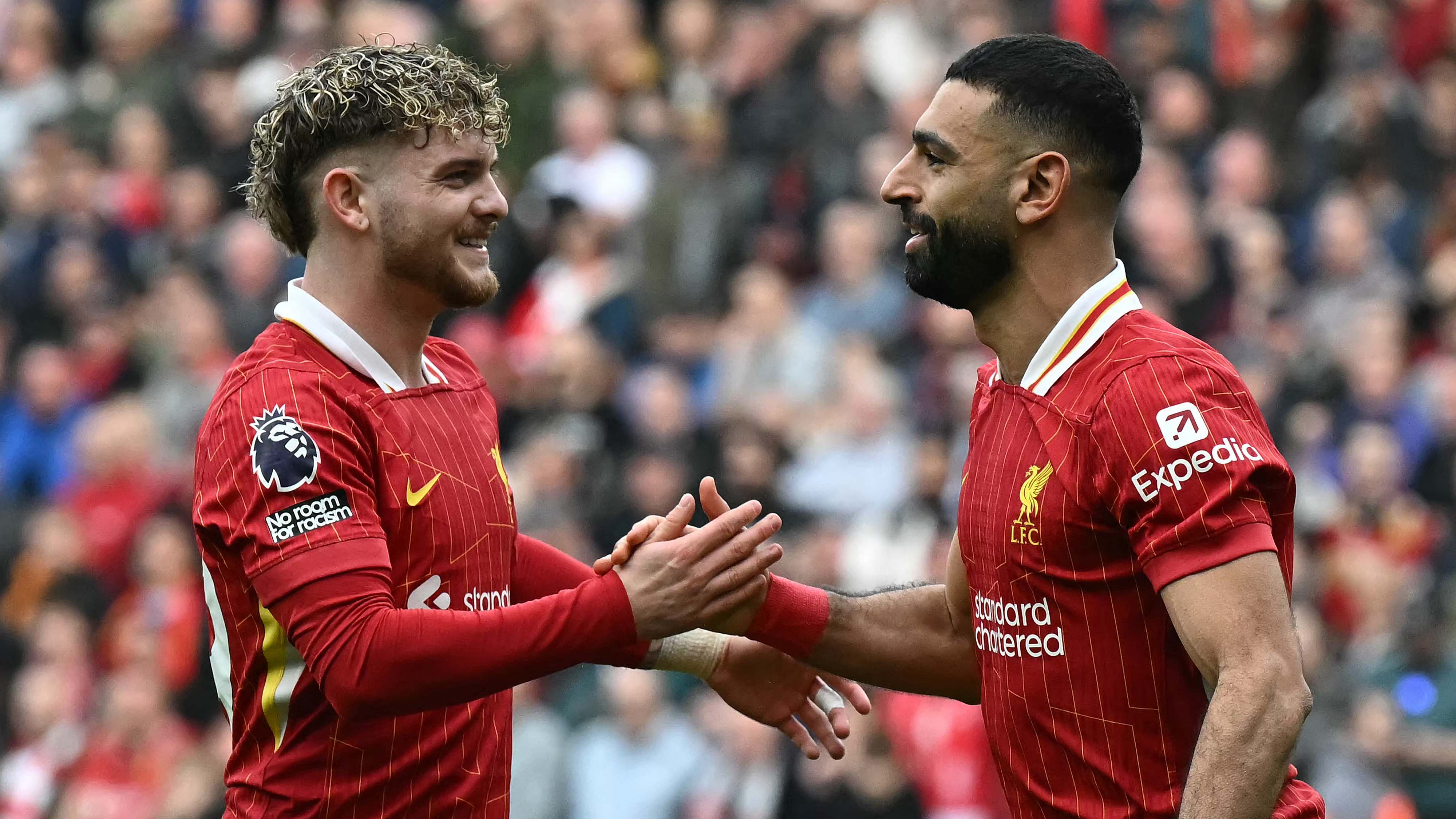 Harvey Elliott celebrates Mohamed Salah's goal against Southampton