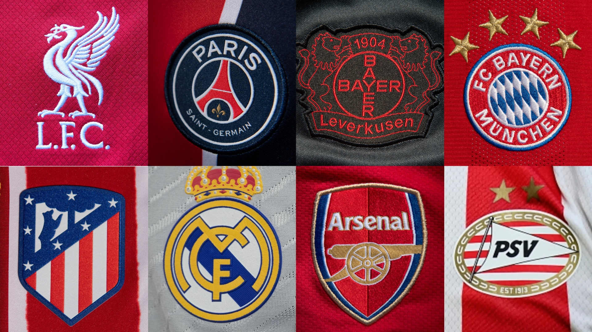 The badges of Liverpool, PSG, Bayer Leverkusen, Bayern Munich, Atletico Madrid, Real Madrid, Arsenal and PSV Eindhove